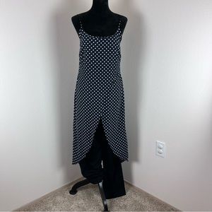 Vintage Jumpsuit Womens Large Y2K polka dot midi dress over pants Black